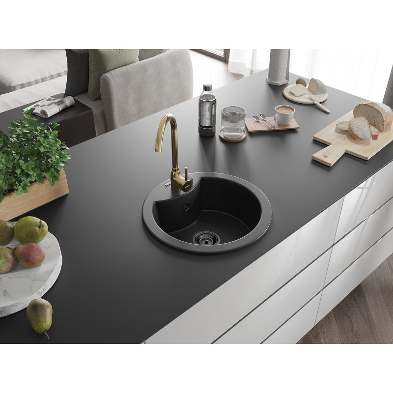 Mexen Diego granite sink 1-bowl with Telma kitchen faucet, black - 6512-77-670200-50-B