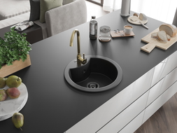 Mexen Diego 1-compartment granite sink with a kitchen mixer tap Telma, Black - 6512-77-670200-50-B