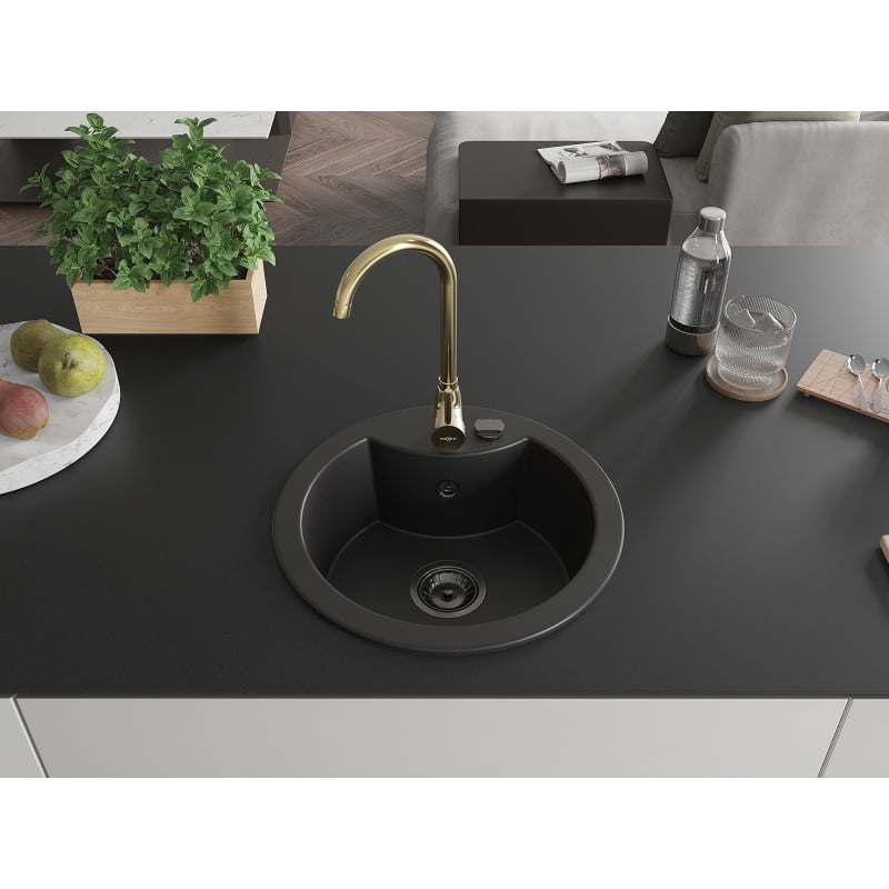 Mexen Diego granite kitchen sink 1-bowl with Telma kitchen faucet, black - 6512-77-670200-50-B