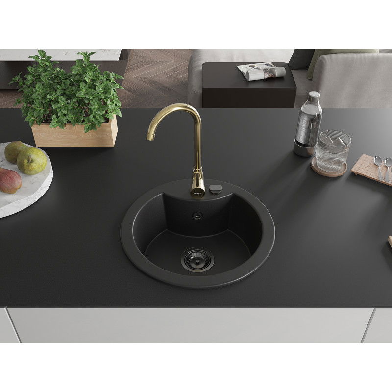 Mexen Diego granite sink 1-chamber with Telma kitchen tap, black - 6512-77-670200-50-B