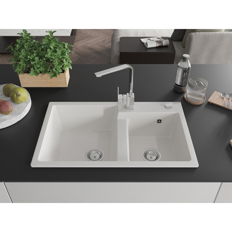 Mexen Tomas granite double-bowl kitchen sink with Rita faucet, white - 6516-20-670300-00