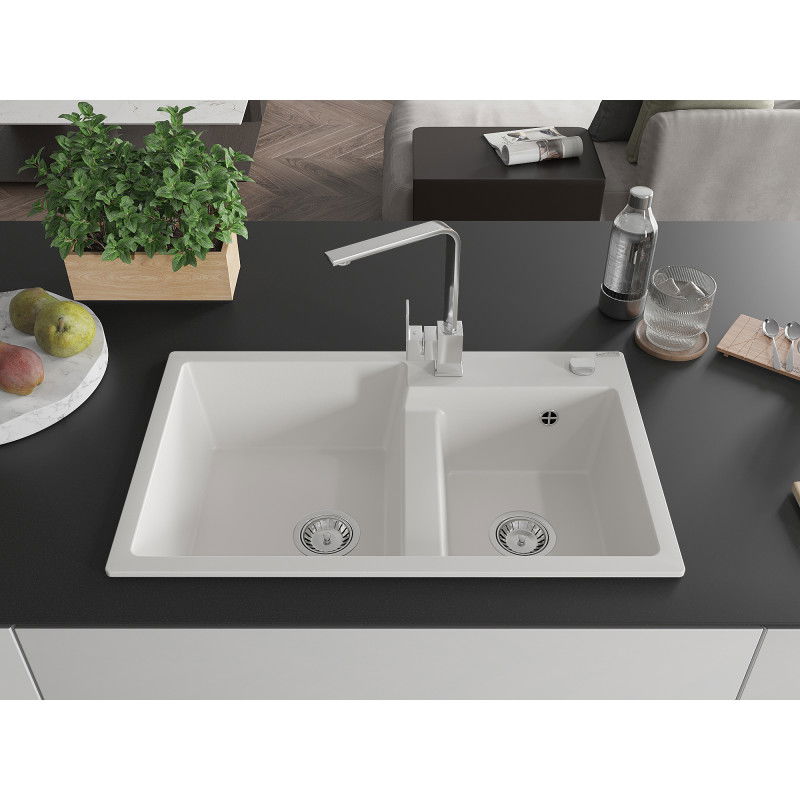 Mexen Tomas granite sink 2-bowl with Rita kitchen tap, white - 6516-20-670300-00