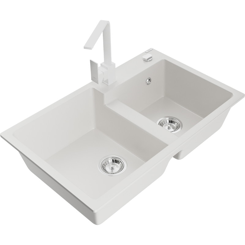 Mexen Tomas 2-bowl granite sink with Rita kitchen faucet, white - 6516-20-670300-20