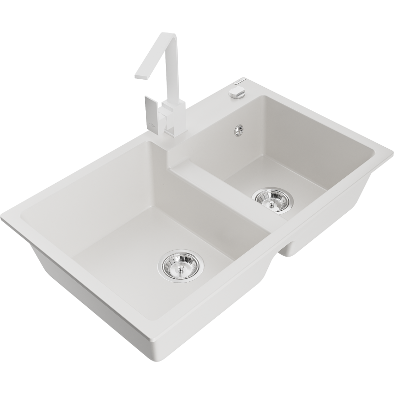 Mexen Tomas granite sink 2-bowl with kitchen faucet Rita, white - 6516-20-670300-20