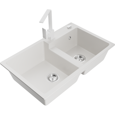 Mexen Tomas 2-compartment granite sink with a kitchen mixer tap Rita, White - 6516-20-670300-20