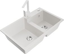 Mexen Tomas 2-bowl granite sink with Rita kitchen faucet, white - 6516-20-670300-20