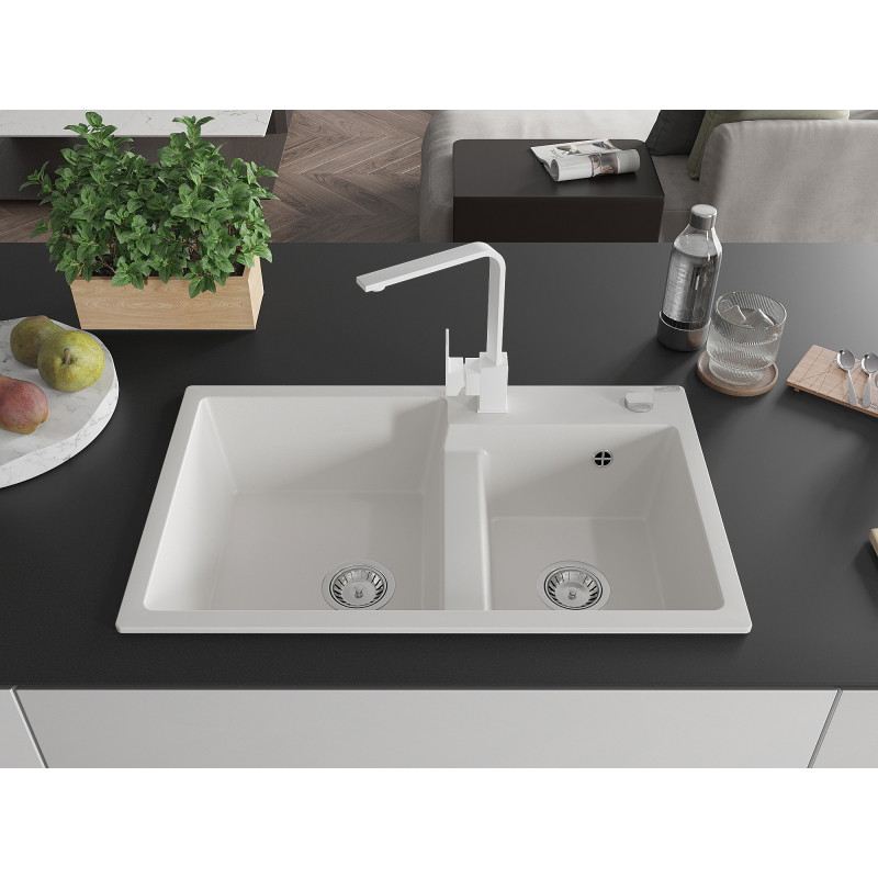 Mexen Tomas 2-bowl granite sink with Rita kitchen faucet, white - 6516-20-670300-20