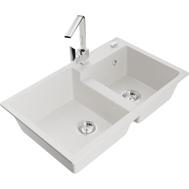 Mexen Tomas 2-compartment granite sink with a kitchen mixer tap Rita, White - 6516-20-670300-00