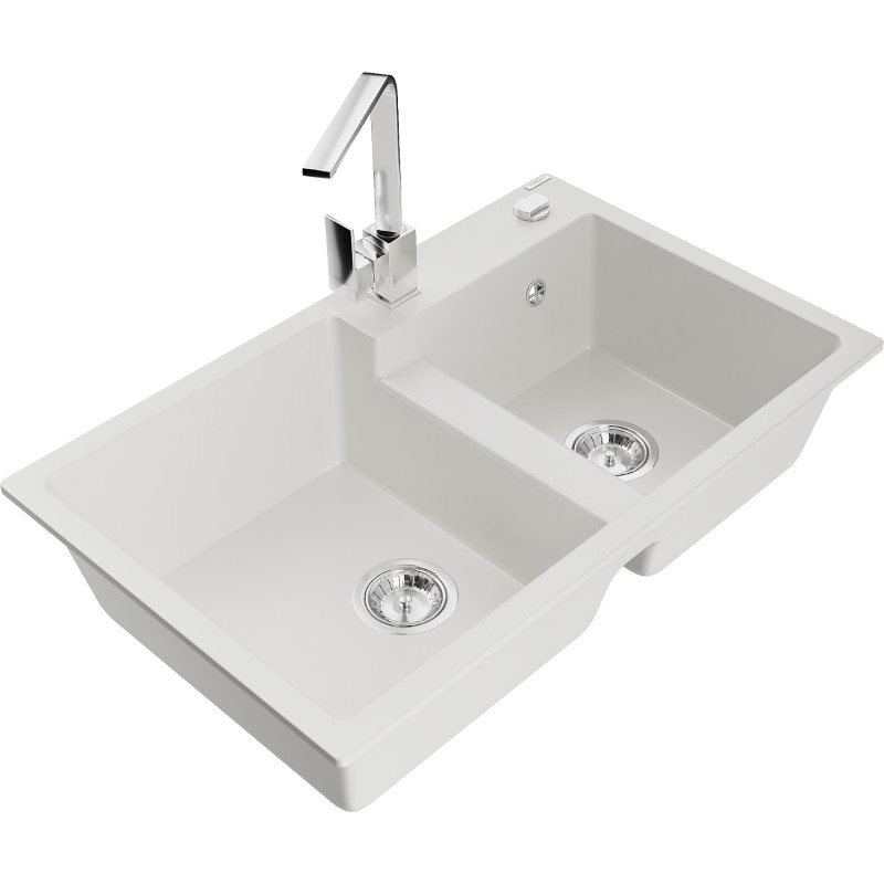 Mexen Tomas granite kitchen sink 2-bowl with Rita kitchen faucet, white - 6516-20-670300-00