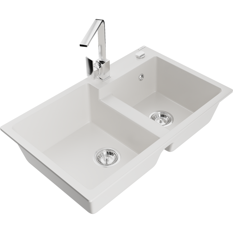 Mexen Tomas granite sink 2-bowl with Rita kitchen tap, white - 6516-20-670300-00