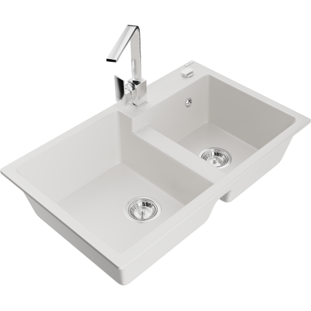 Mexen Tomas granite double-bowl kitchen sink with Rita faucet, white - 6516-20-670300-00