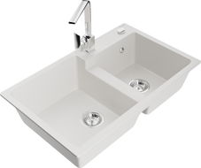 Mexen Tomas granite kitchen sink 2-bowl with Rita kitchen faucet, white - 6516-20-670300-00