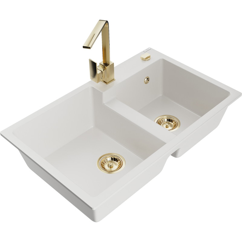 Mexen Tomas 2-chamber granite sink with kitchen faucet Rita, white - 6516-20-670300-50