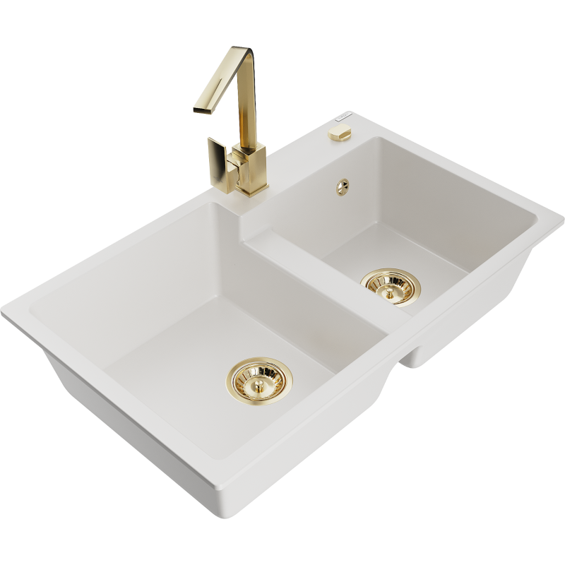 Mexen Tomas Granite Kitchen Sink 2-Bowl with Rita Tap, White - 6516-20-670300-50