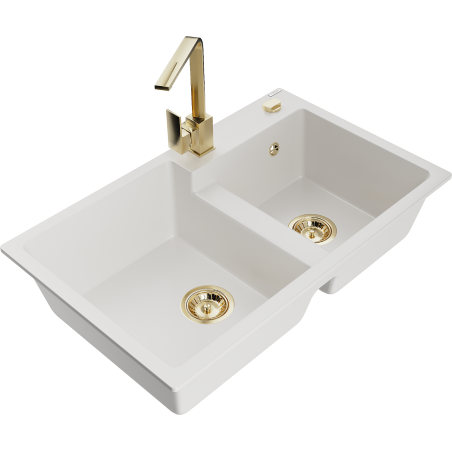 Mexen Tomas Granite Kitchen Sink 2-Bowl with Rita Tap, White - 6516-20-670300-50