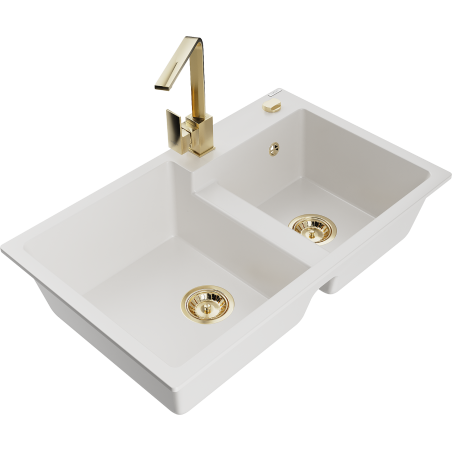 Mexen Tomas granite sink 2-bowl with Rita kitchen faucet, white - 6516-20-670300-50