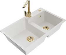 Mexen Tomas granite sink 2-bowl with Rita kitchen faucet, white - 6516-20-670300-50