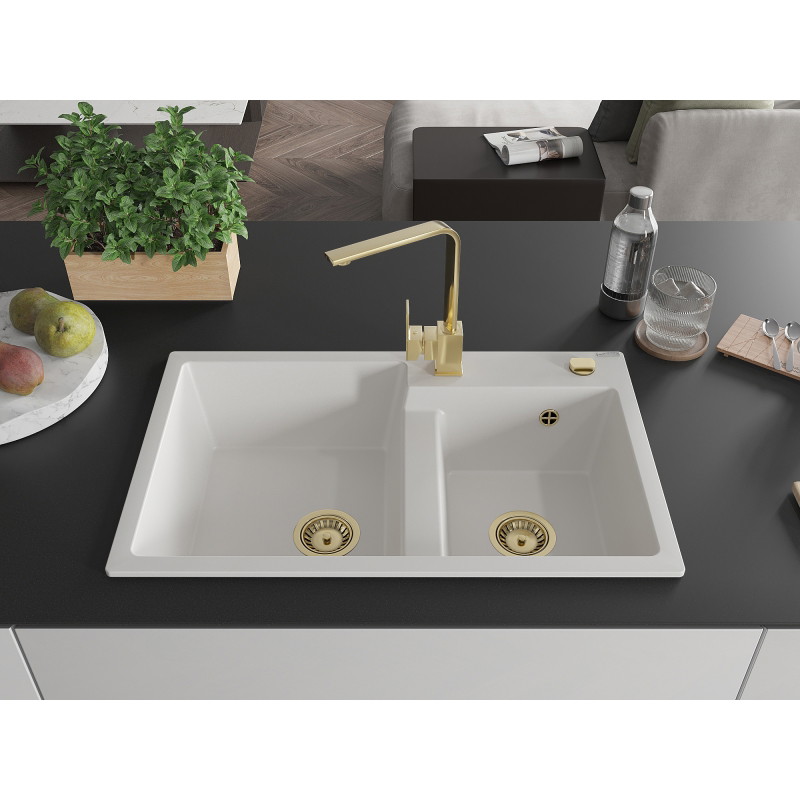 Mexen Tomas 2-chamber granite sink with kitchen faucet Rita, white - 6516-20-670300-50