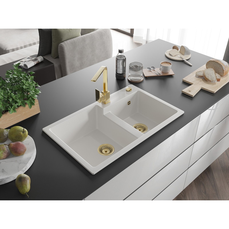 Mexen Tomas granite sink 2-bowl with Rita kitchen faucet, white - 6516-20-670300-50
