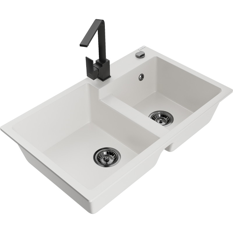 Mexen Tomas granite kitchen sink 2-bowl with Rita kitchen faucet, white - 6516-20-670300-70