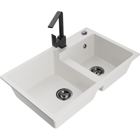 Mexen Tomas granite double-bowl sink with Rita kitchen faucet, white - 6516-20-670300-70