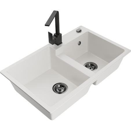 Mexen Tomas granite sink 2-chamber with Rita kitchen tap, white - 6516-20-670300-70