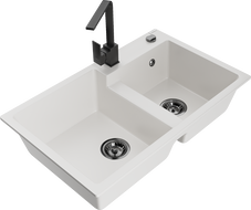 Mexen Tomas granite kitchen sink 2-bowl with Rita kitchen faucet, white - 6516-20-670300-70