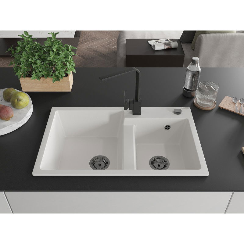 Mexen Tomas granite sink 2-chamber with Rita kitchen tap, white - 6516-20-670300-70