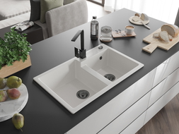 Mexen Tomas granite kitchen sink 2-bowl with Rita kitchen faucet, white - 6516-20-670300-70