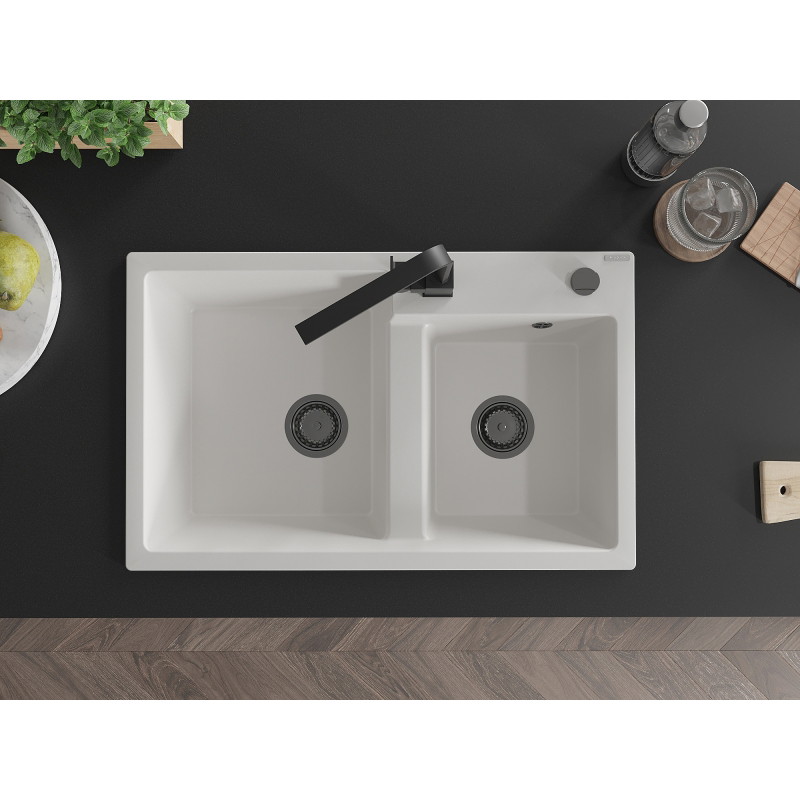 Mexen Tomas granite kitchen sink 2-bowl with Rita kitchen faucet, white - 6516-20-670300-70