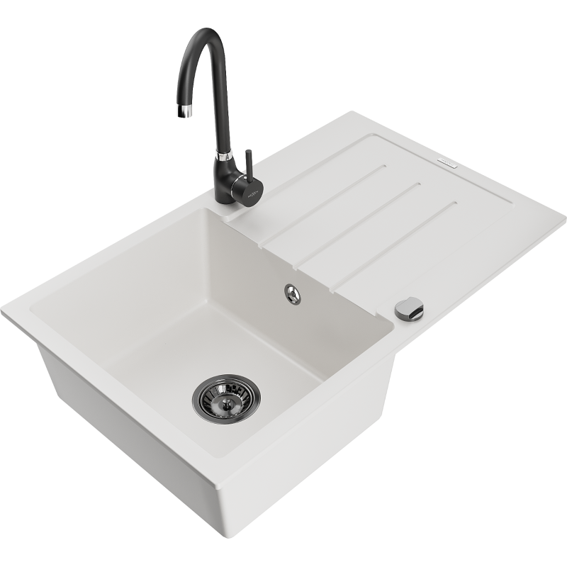 Mexen Bruno 1-compartment granite sink with a drip tray and kitchen mixer tap Telma, White - 6513-20-670200-70