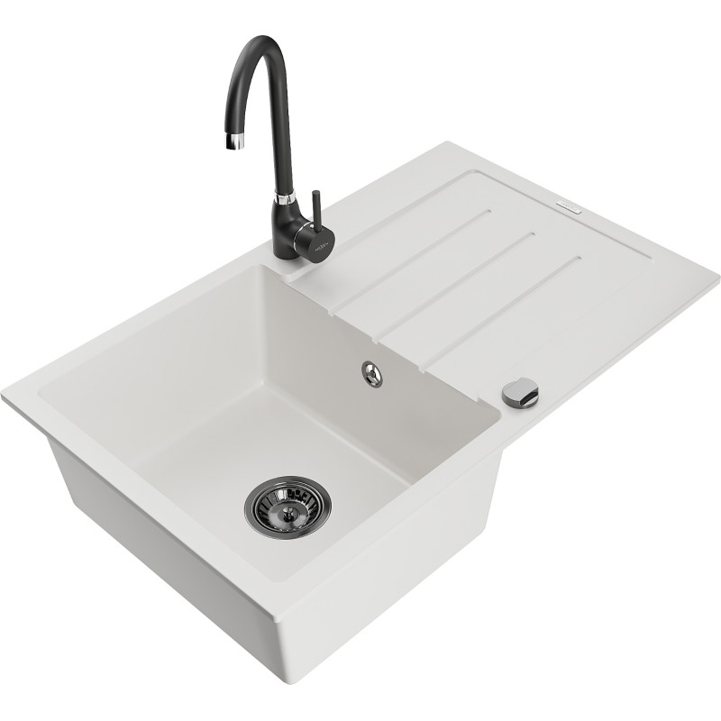 Mexen Bruno granite kitchen sink 1-bowl with drainer and Telma kitchen faucet, white - 6513-20-670200-70