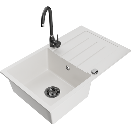 Mexen Bruno granite kitchen sink 1-bowl with drainer and Telma kitchen faucet, white - 6513-20-670200-70