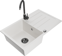 Mexen Bruno granite sink 1-bowl with drainer and Telma kitchen tap, white - 6513-20-670200-70