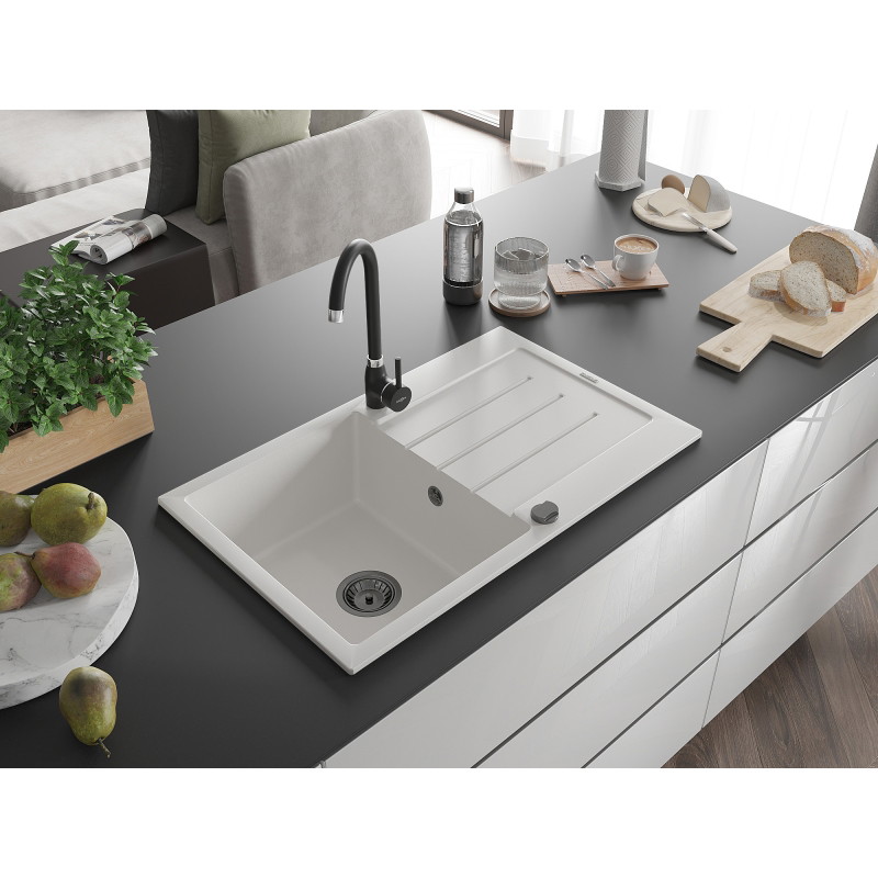Mexen Bruno granite kitchen sink 1-bowl with drainer and Telma kitchen faucet, white - 6513-20-670200-70
