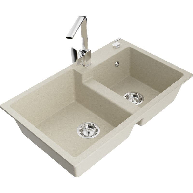 Mexen Tomas 2-bowl granite sink with Rita kitchen faucet, beige - 6516-69-670300-00