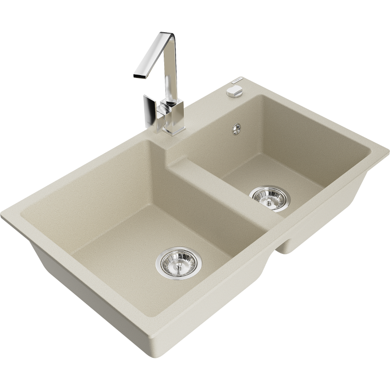Mexen Tomas granite double-bowl sink with Rita kitchen tap, beige - 6516-69-670300-00