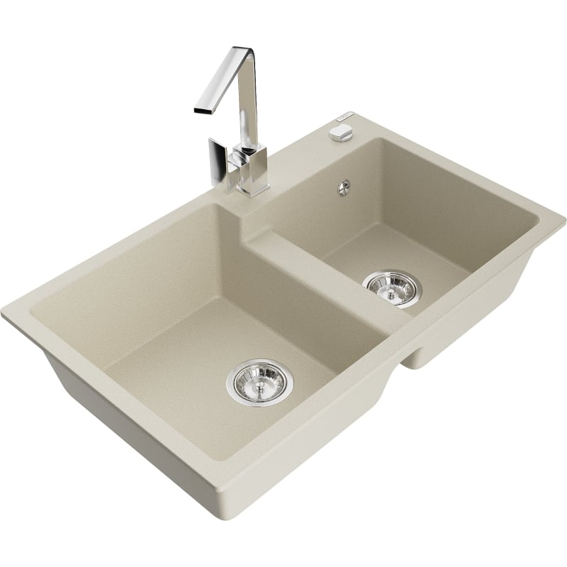 Mexen Tomas granite kitchen sink 2-bowl with Rita kitchen faucet, beige - 6516-69-670300-00
