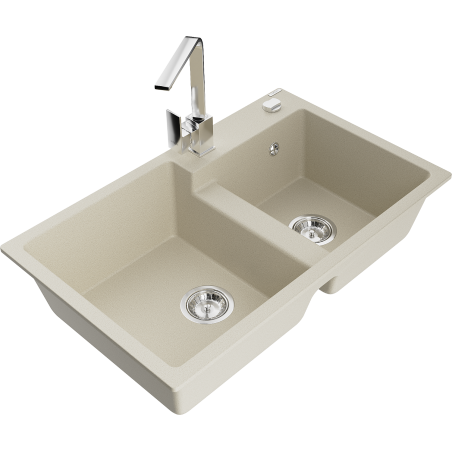 Mexen Tomas 2-bowl granite sink with Rita kitchen faucet, beige - 6516-69-670300-00
