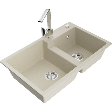 Mexen Tomas granite double-bowl sink with Rita kitchen tap, beige - 6516-69-670300-00