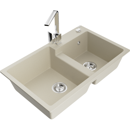 Mexen Tomas granite kitchen sink 2-bowl with Rita kitchen faucet, beige - 6516-69-670300-00