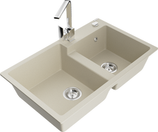 Mexen Tomas 2-bowl granite sink with Rita kitchen faucet, beige - 6516-69-670300-00