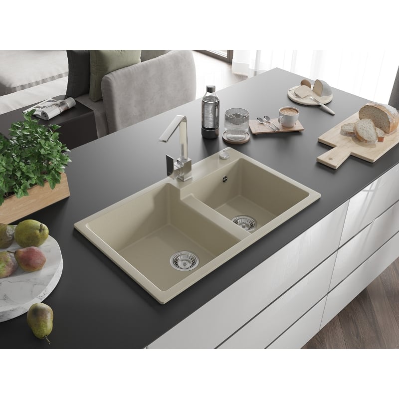 Mexen Tomas granite kitchen sink 2-bowl with Rita kitchen faucet, beige - 6516-69-670300-00