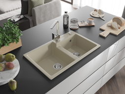 Mexen Tomas 2-bowl granite sink with Rita kitchen faucet, beige - 6516-69-670300-00