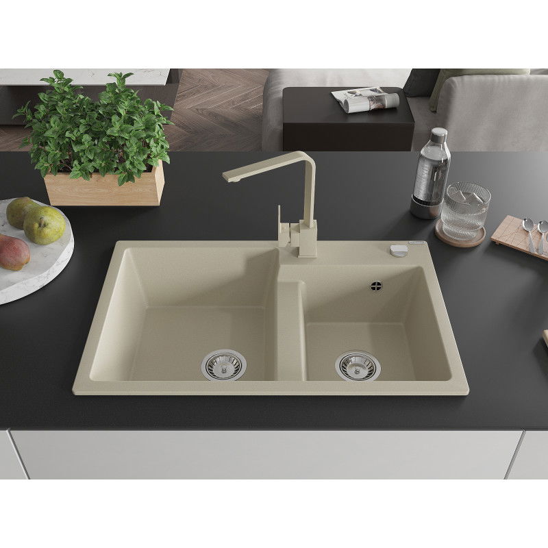 Mexen Tomas granite double sink with Rita kitchen tap, beige - 6516-69-670300-69