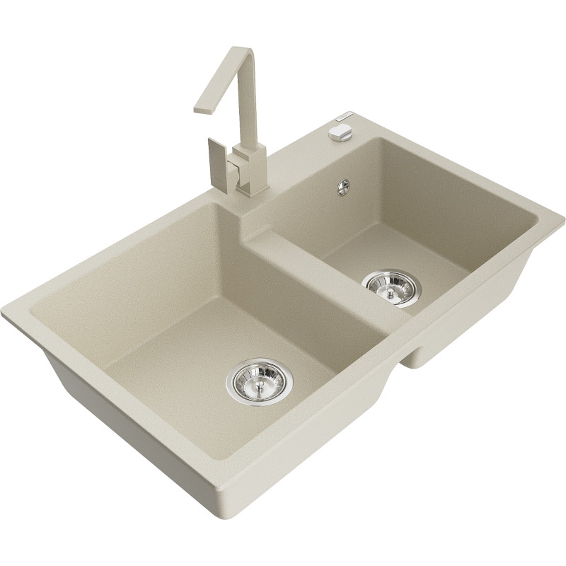 Mexen Tomas granite kitchen sink 2-bowl with Rita kitchen faucet, beige - 6516-69-670300-69