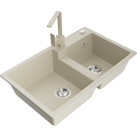 Mexen Tomas granite 2-bowl sink with Rita kitchen faucet, beige - 6516-69-670300-69