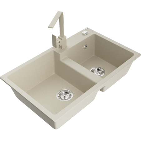 Mexen Tomas granite double sink with Rita kitchen tap, beige - 6516-69-670300-69