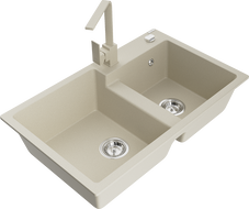 Mexen Tomas granite 2-bowl sink with Rita kitchen faucet, beige - 6516-69-670300-69