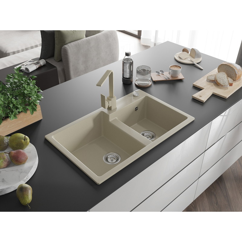 Mexen Tomas granite kitchen sink 2-bowl with Rita kitchen faucet, beige - 6516-69-670300-69
